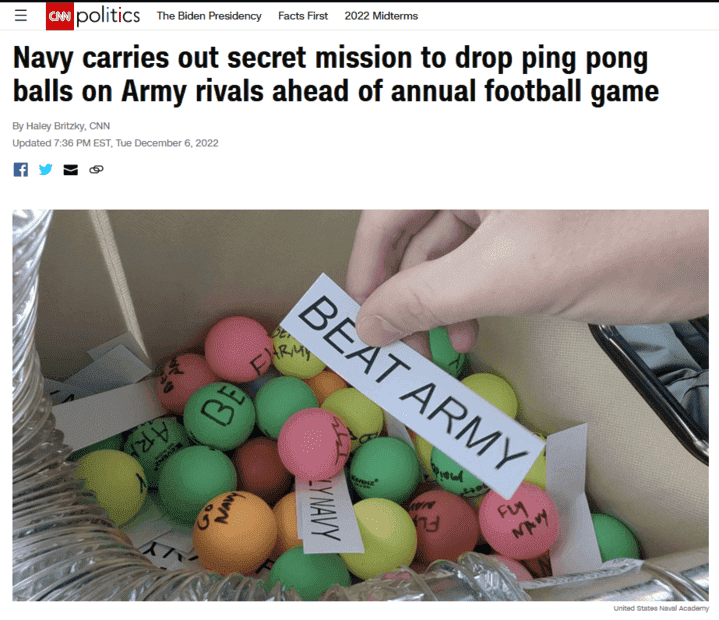 Navy carries out secret mission to drop ping pong balls on Army rivals  ahead of annual football game