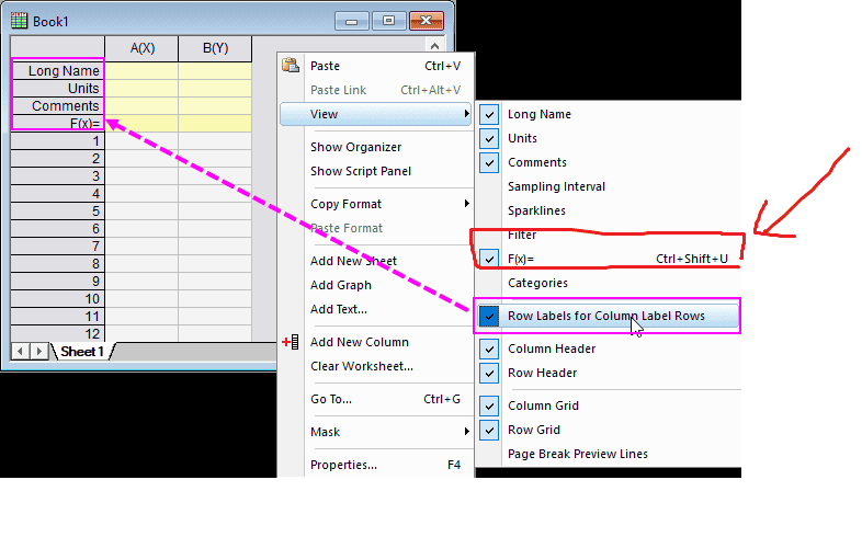 F x row isn t shown in origin software