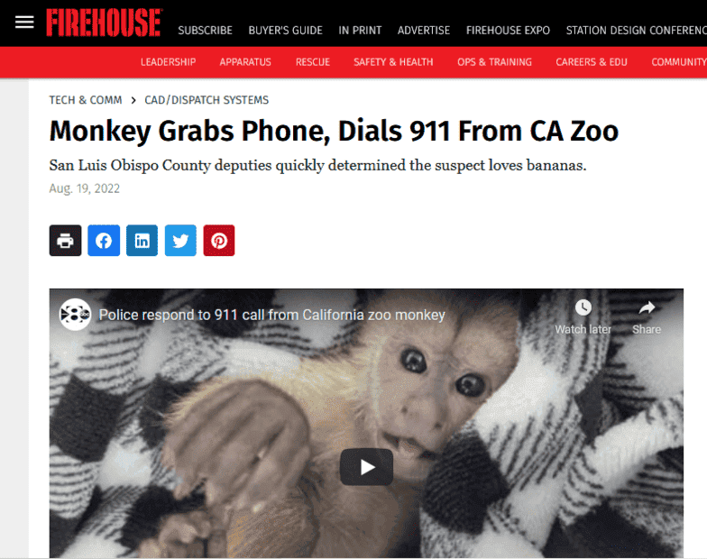 Monkey grabs phone, calls 911 at California zoo