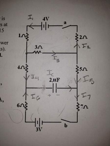 Multi-loop RC circuit, 2 batteries, 7 resistors, 1 capacitor