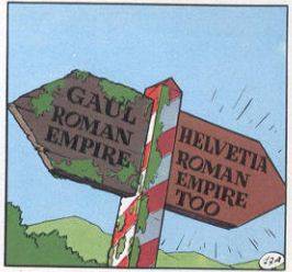 Signpost from Asterix and Obelix. The left side of the sign is worn and overgrown, pointing to Gaul; the right side is well-kept and polished, pointing to Helvetia