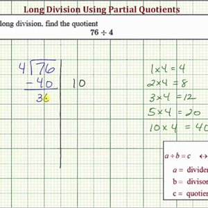 Ex: Division Using Partial Quotient - Two Digit Divided by One Digit (No Remainder)