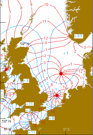 The image below depicts the M2 cotidal lines in red and curves of equal amplitude in blue.